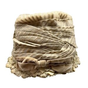 Vintage Cloche hat Cream Straw gathered fabric velvet ribbon‎ 21 inches
